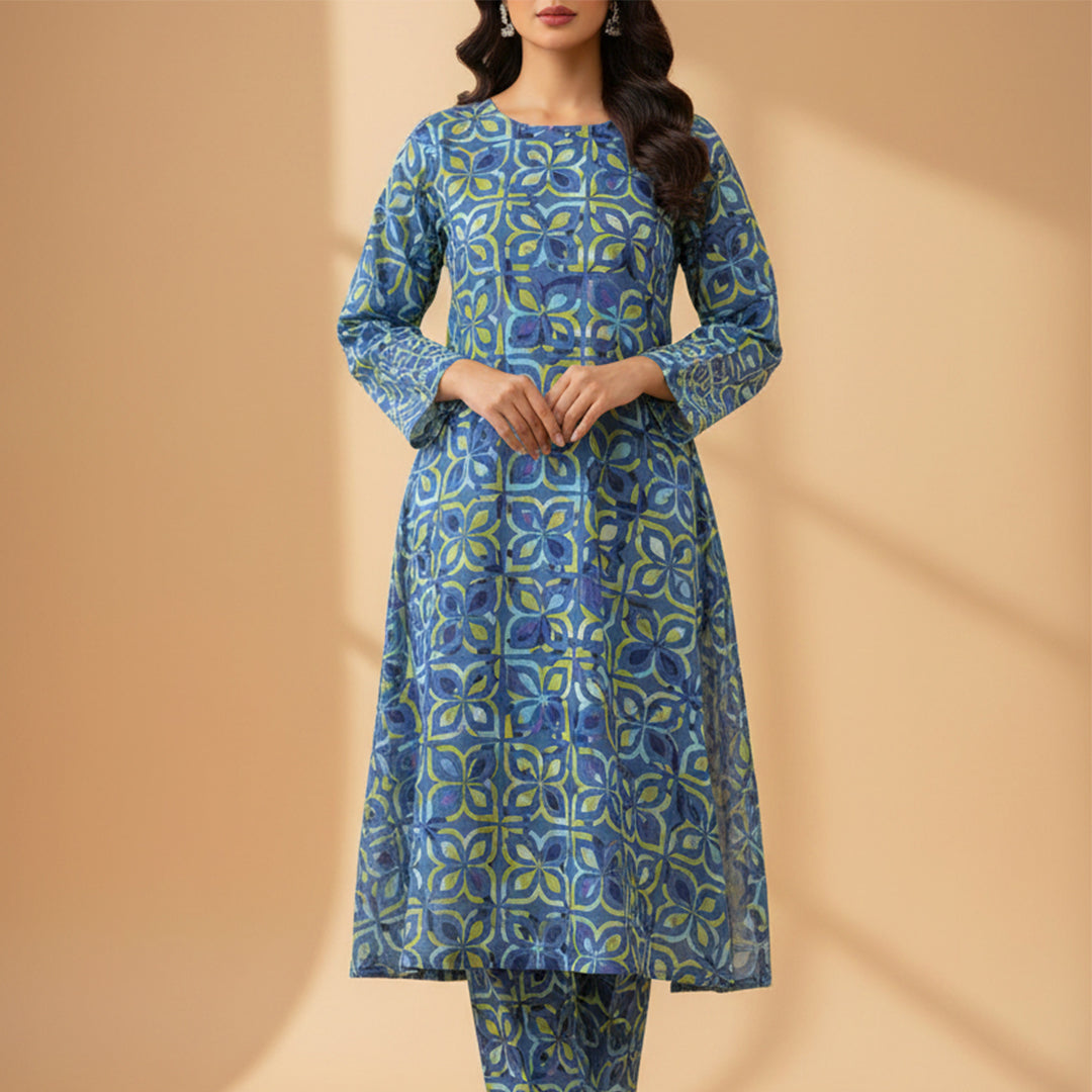 P16-25189-06B – Teal Blue Printed Lawn Shirt Fabric